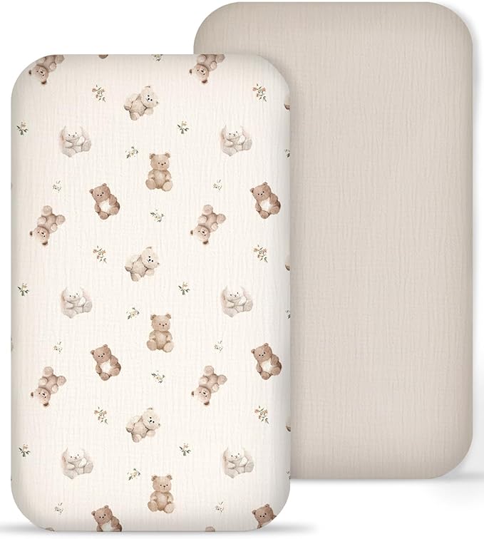 Muslin Bedside Bassinet Sheets 2 Pack, 33x20 Fitted Ultra Soft & Breathable Bedside Sleeper Sheets, Ideal for Baby Girl and Boy, Perfect for Newborns (Teddy & Friends)