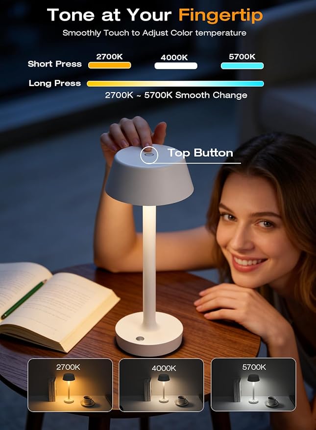 Light Worthy Cordless Rechargeable Table Lamp with Power Charger,Portable Touch LED Desk Lamp,5000mAh Battery Operated,2700K-5700K Tunable Dimmable for Bedroom,Outdoor Camping Bedside,White