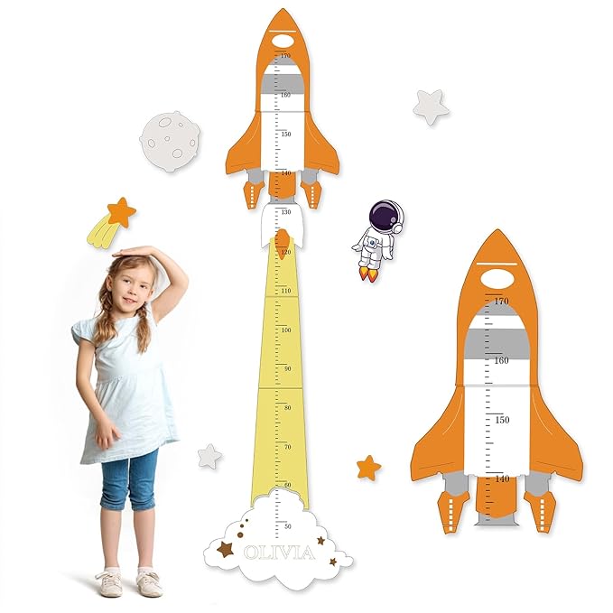 Woodemon Personalized Name Height Chart for Kids, Cute Rocket Wooden Growth Chart for Kids, Wall Height Chart for Children, Cute Wall Ruler for Kids, Track Height Measurement, Easy to Install