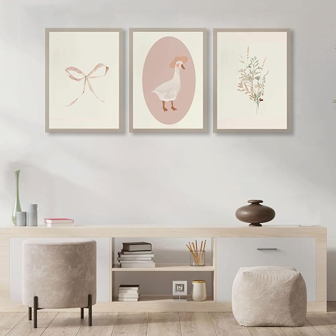 3Pcs Girls Nursery Wall Art Vintage Goose Wall Decor Pictures Pink Bow Poster Prints Kids Room Painting Artwork for Girls Room Bedroom Living Room Home Decoration,12x16in