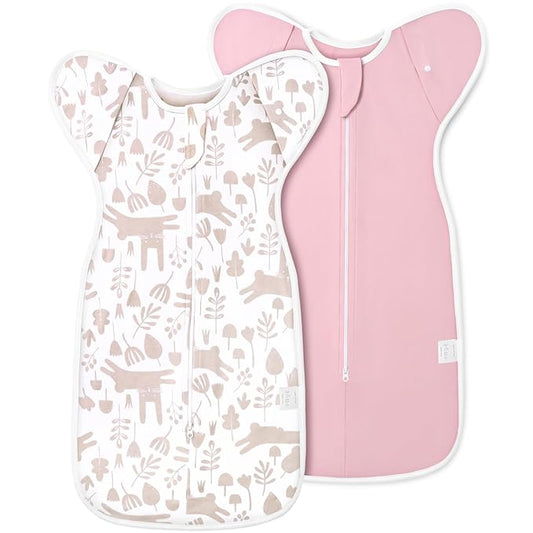2-Pack Transitional Swaddle Sleep Sack - Arms Up Swaddle 6-9 Month, Baby Swaddles for Newborn, Cuff Removable Design, Pink Bunny Breathable Baby Sleep Sacks with 2-Way Zipper