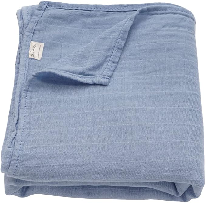 Ali+Oli Muslin Swaddle Blanket for Baby (Dream Blue) Large 47" x 47" Soft Rayon Made from Bamboo & Organic Cotton, Machine Washable Receiving Blanket Wrap for Newborn to Toddler