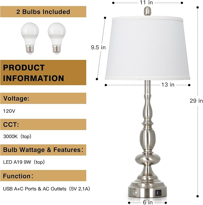 29" Tall Modern Table Lamps Set of 2, 3-Way Dimmable Touch Living Room Lamp with USB A+C Charging Port, Brushed Nickel Metal Farmhouse Bedside lamp for Bedroom Nightstand Side Table Desk Office Silver