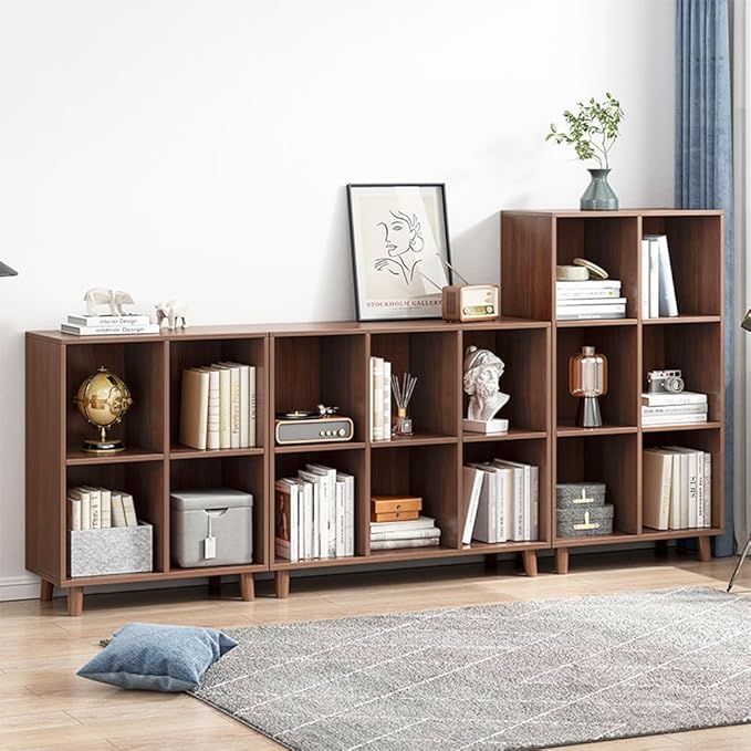 IOTXY Open Cube Low Bookcase - 3-Tier Freestanding Storage Display Cabinet Organizer with Legs for Home Office, 9-Cubes Open Shelf Short Bookshelf, Walnut