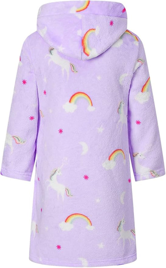 Girls Fleece Hooded Robes, Kids Soft Premium Fuzzy Bathrobe for Gifts, 2-12 Years