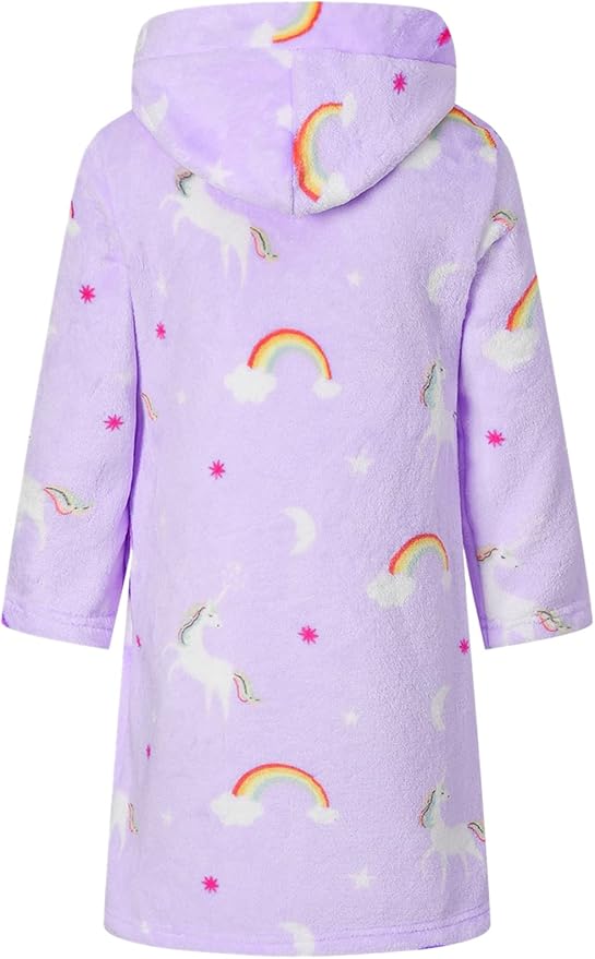 Girls Fleece Hooded Robes, Kids Soft Premium Fuzzy Bathrobe for Gifts, 2-12 Years