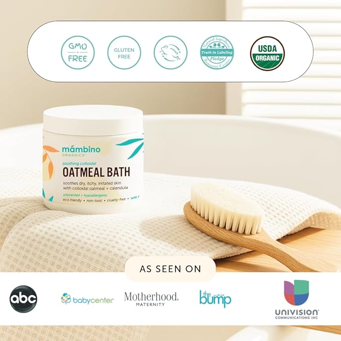 Mambino Organics Soothing Colloidal Oatmeal Bath Soak Powder, for Newborn, Kids, Moms with Dry, Sensitive Skin, Unscented Baby Wash with Calendula for Baby Bath, Vegan, Non-GMO, 6oz