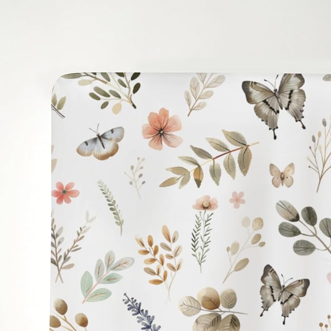 Botanic Gardens Baby Crib Sheets for Boy Girl 52"x28" Beige Floral Butterflies Soft Stretchy Fitted Crib Mattress Covers Boho Spring Wildflowers Leaves Baby Sheet for Crib and Toddler Bed Mattresses