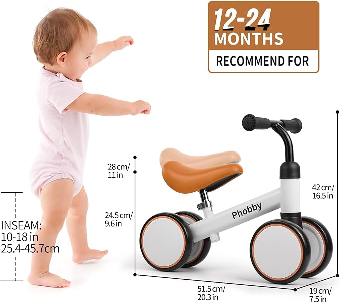 Baby Balance Bike for 1 2 Years Old Boys Girls, 4 Wheels Toddler Bike with Adjustable Seat, 12-24 Months Kids First Birthday Toy Gift