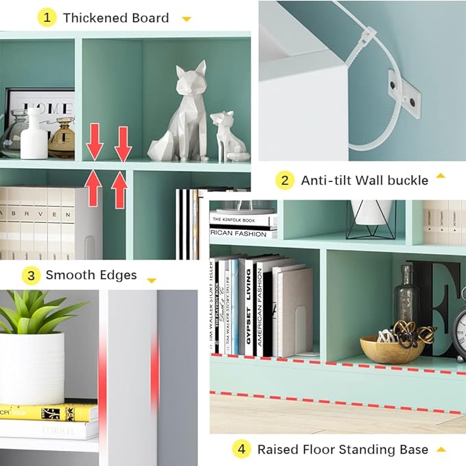 IOTXY Open Shelf Low Bookcase - Wooden 3-Tier Floor Standing Display Cabinet Organizer with Base, 7 Cubes Short Horizontal Bookshelf in Warm White