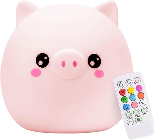 Lumipets Remote Control Silicone Night Light for Kids - Pig Design with 9 Soft Colors & Sleep Timer - Rechargeable, Battery-Operated Lamp for Bedroom | Baby Nursery, Toddler, Girls, Boys