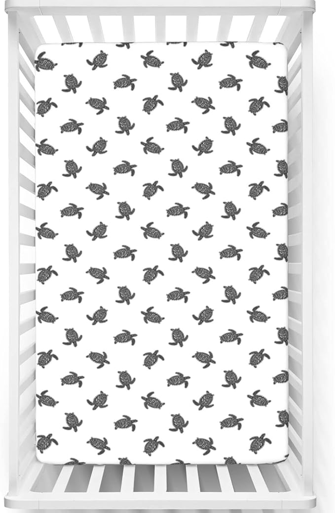 Sea Turtle Themed Fitted Mini Crib Sheets,Portable Mini Crib Sheets Soft & Stretchy Fitted Crib Sheet-Baby Sheet for Boys Girls,24“ x38“,Charcoal Grey White