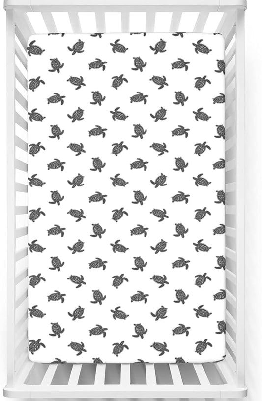 Sea Turtle Themed Fitted Mini Crib Sheets,Portable Mini Crib Sheets Soft & Stretchy Fitted Crib Sheet-Baby Sheet for Boys Girls,24“ x38“,Charcoal Grey White