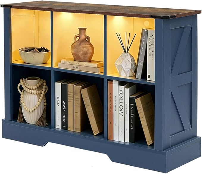 Puntogen 6 Cube Storage Organizer, Wood Cube Bookshelf with LED Lights, Horizontal Storage Cubes, Kids Bookshelf, Display Cabinet Cubby Shelf for Living Room Home Office Bedroom，Navy Blue