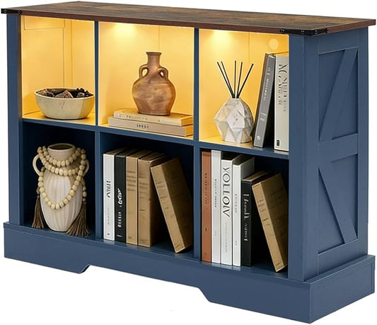 Puntogen 6 Cube Storage Organizer, Wood Cube Bookshelf with LED Lights, Horizontal Storage Cubes, Kids Bookshelf, Display Cabinet Cubby Shelf for Living Room Home Office Bedroom，Navy Blue