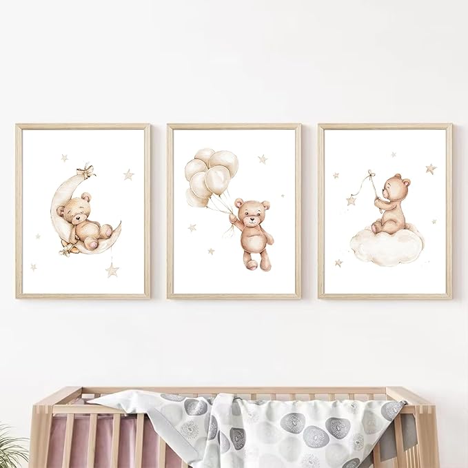 Bear Nursery Wall Art Decor Set of 3 Teddy Bear Canvas Wall Art Baby Boy Nursery Decor Prints Neutral Pictures Moon Star Cloud Print for Girls Children Room 16x24 Inch Wood Framed