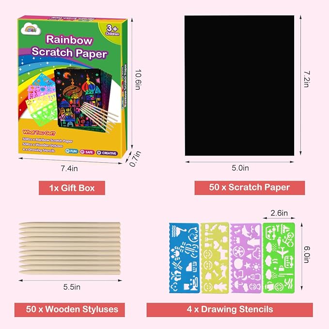 ZMLM Scratch Paper Art Set: 100Pcs Magic Drawing Art Craft Kid Scratch Paper Supplies Toddler Preschool Learning Toys for Age 3 4 5 6 7 8 Girls Boys Birthday Activities Party Favors