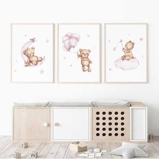 Bear Nursery Wall Art Decor Set of 3 Teddy Bear Wall Art Baby Girl Canvas Wall Decor Pink Pictures Balloon Nursery Children Prints Artwork Moon Star Cloud Art for Boys Room Bedroom 12x16 Inch Unframed