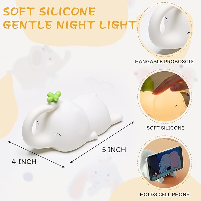 FRDEV Silicone Night Light for Kids, Squishy Elephant Lamp - 3 Level Dimmable Rechargeable with Timer, Safe Bedside Light for Nursery Toddler Room