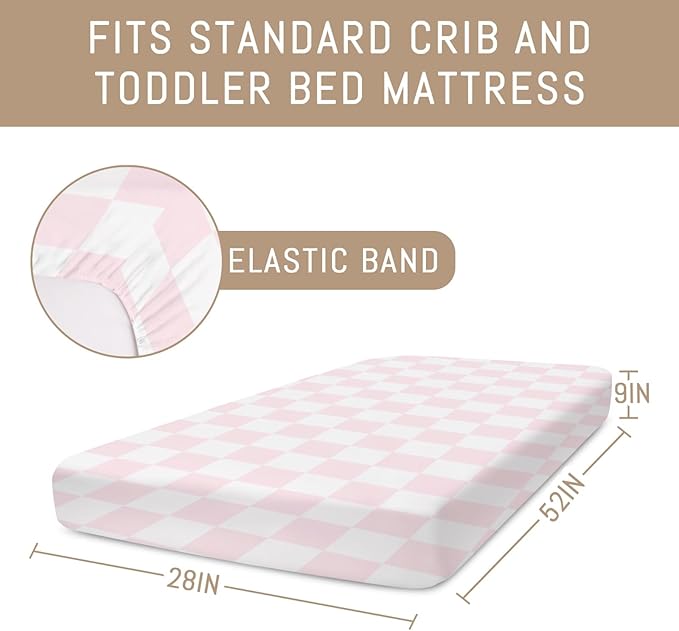 Pink and White Checkered Baby Crib Sheets for Girls Gingham Plaid Checkerboard Soft Snug Fitted Crib Mattress Covers for 52''x28'' Standard Crib & Toddler Mattress Pink Checks Nursery Bed Sheets