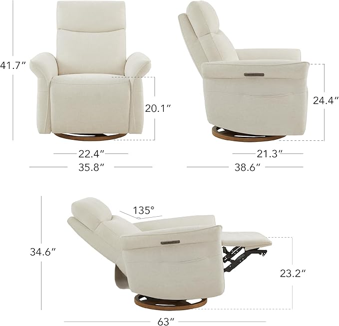 CHITA Power Recliner Chair, Electric Triple-Motor Swivel Glider Nursery Rocking Chair with Adjustable Power Headrest and Lumbar Support, Solid Wood Base, Linen