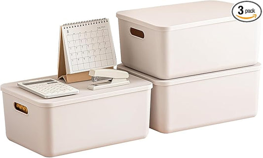 GUMEIGODA Plastic Storage Bins with lids,Storage Baskets,Container with handle,Storage Organizer Bins for Shelves,Office,Bedrooms,Closets, Cabinets(Gray, 3M)