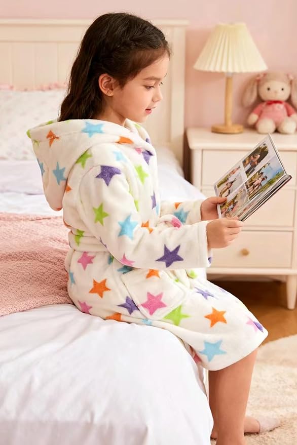 Boys Girls Robe Kids Flannel Hooded Bathrobe Sleepwear Pajamas Toddler Soft Plush Robes for Girls 2-16 Years