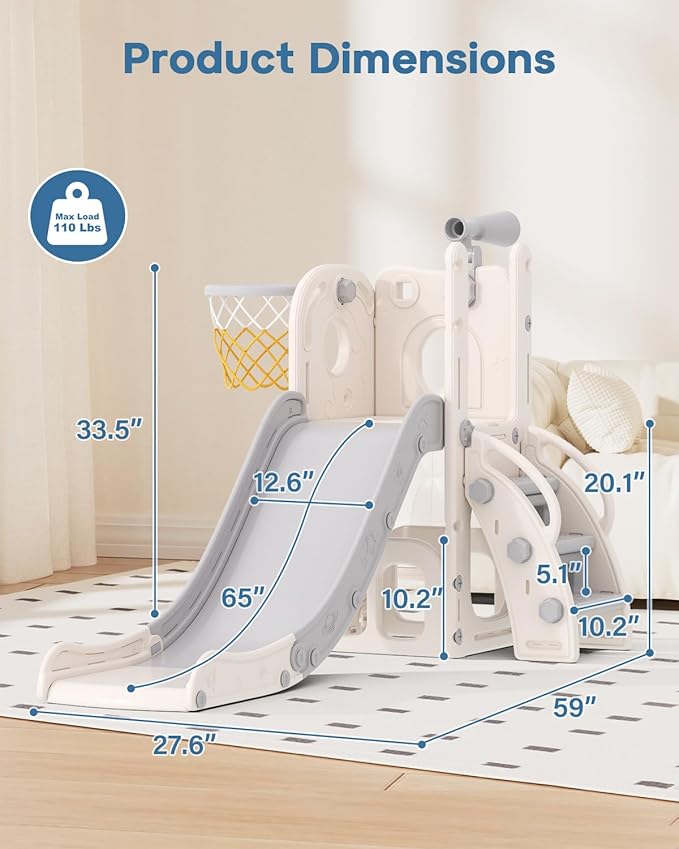 Babytronic Toddler Slide, 6 in 1 Kids Indoor Slide for Toddlers 1-3, Baby Indoor and Outdoor Climber Playset, Kids Slide with Basketball Hoop and Telescope, Toddler Outdoor Playground(White&Gray)