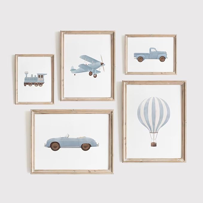 Blue Car Wall Art Decor Boys Room Canvas Poster Vintage Train Transportation Wall Art Watercolor Toddler Art Prints Blue Car Pictures Painting for Boy Bedroom Kids Nursery 12x16 Inch Unframed Set of 5