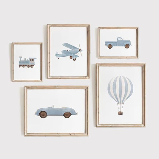 Blue Car Wall Art Decor Boys Room Canvas Poster Vintage Train Transportation Wall Art Watercolor Toddler Art Prints Blue Car Pictures Painting for Boy Bedroom Kids Nursery 12x16 Inch Unframed Set of 5