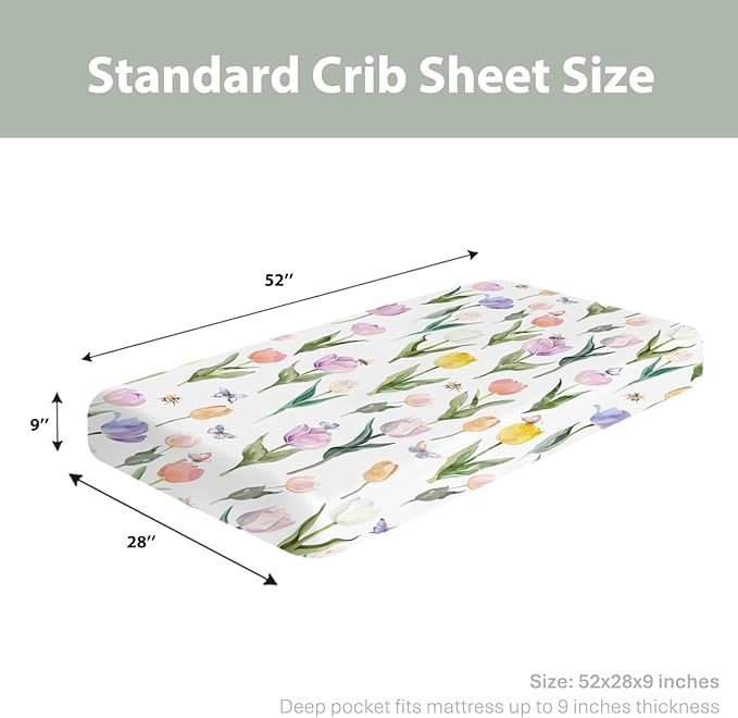 Watercolor Tulips Bees Baby Crib Sheets for Boy Girl 52"x28" Colorful Spring Floral Butterflies Soft Snug Fitted Crib Mattress Cover Garden Flowers Baby Sheet for Standard Crib & Toddler Mattress