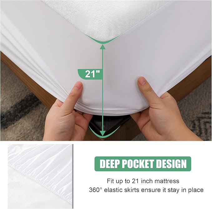 Twin XL Size Waterproof Mattress Cover, Premium Terry Top Mattress Cover, Breathable, Noiseless, Cooing & Machine-Washable Bed Cover with 21" Deep Pocket