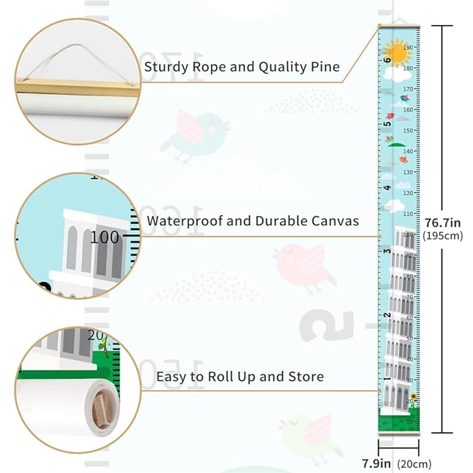 Baby Height Growth Chart - Canvas Height Chart for Kids Baby Child Toddler Boys Girls Growth Chart for Wall Room Nursery Decor Hangable and Removable Measuring Wall Ruler (Tower, Black Wood)