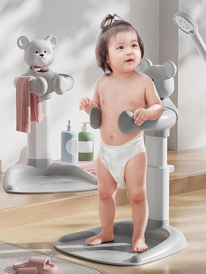Adjustable Height Baby Shower Stand with Anti-Slip Base - Portable Bath Helper for Infants & Toddlers (8-36 Months), Safe Standing Bath Support & Tub Assistant Grey Duck