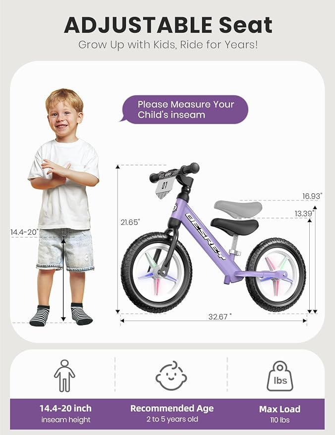 besrey Toddler Balance Bike 2 Year Old: All-Metal Frame & Battery-Free 12" Glow Wheels, Bonus 4 Stickers + Customize Plate, Adjustable Seat Toddler Bike for Kids 2 3 4 5 Boys Girls Gift
