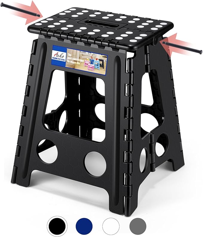 ACKO Folding Step Stool Foldable 16 Inch 400 lbs Capacity, Plastic Stools for Adults and Kids, Collapsible Stools for Kitchen, Stepping Stool with Handle, Black, 1 PC