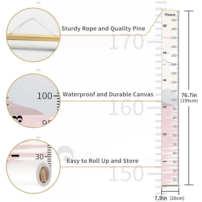 Personalized Growth Chart for Kids, Baby Height Chart with Custom Name, 77"x7.9" Canvas and Beige Wood Height Measuring Rulers for Boys Girls Removable Wall Ruler Hanging for Nursery Decor - Sunset