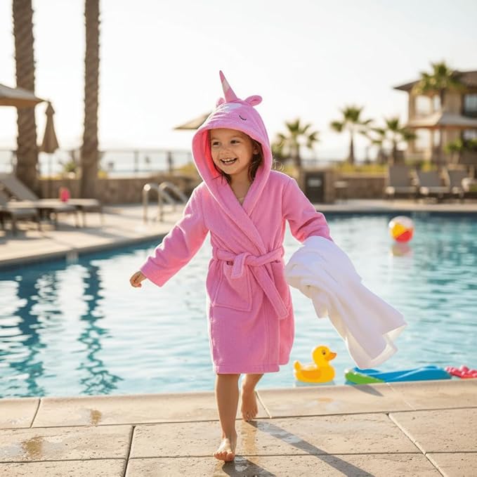 BAGNO MILANO Kids Organic Turkish Cotton Hooded Beach Cover-Up Towel, GOTS Certified, for Boys and Girls (Pink Unicorn, 3-4 Years)