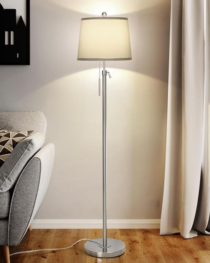 JUNNAI Floor Lamp for Living Room,Adjustable Height Standing Lamp,Dimmable Modern Floor Lamps for Bedroom Office Tall Floor Lights with Pull Chain Bulb Included-Silver Gray Shade