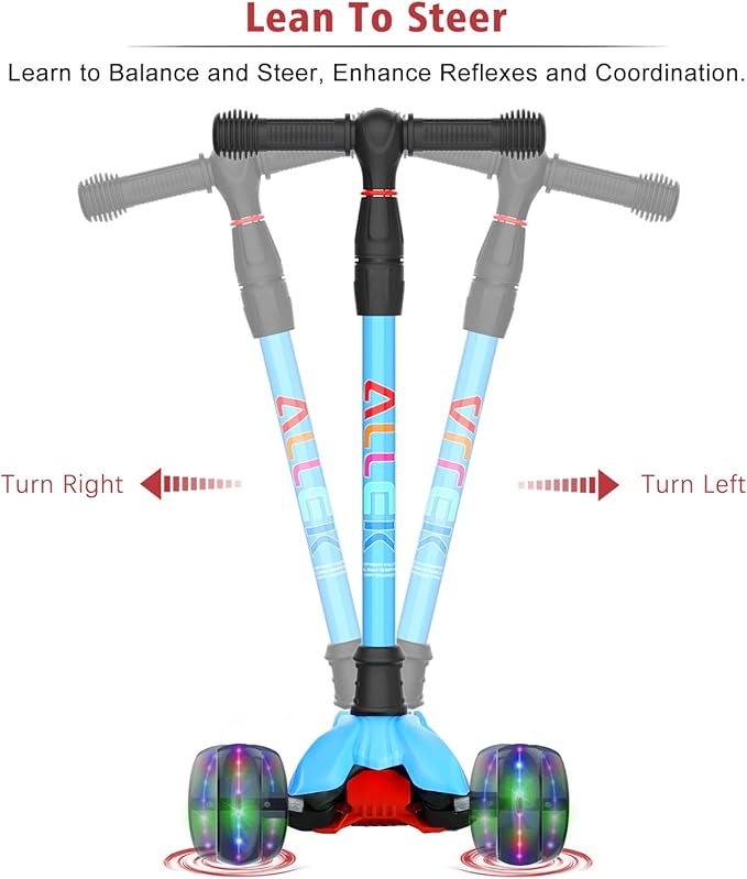 Allek Kick Scooter B02, Lean 'N Glide Scooter with Extra Wide PU Light-Up Wheels and 4 Adjustable Heights for Children from 3-12yrs (Aqua Blue)