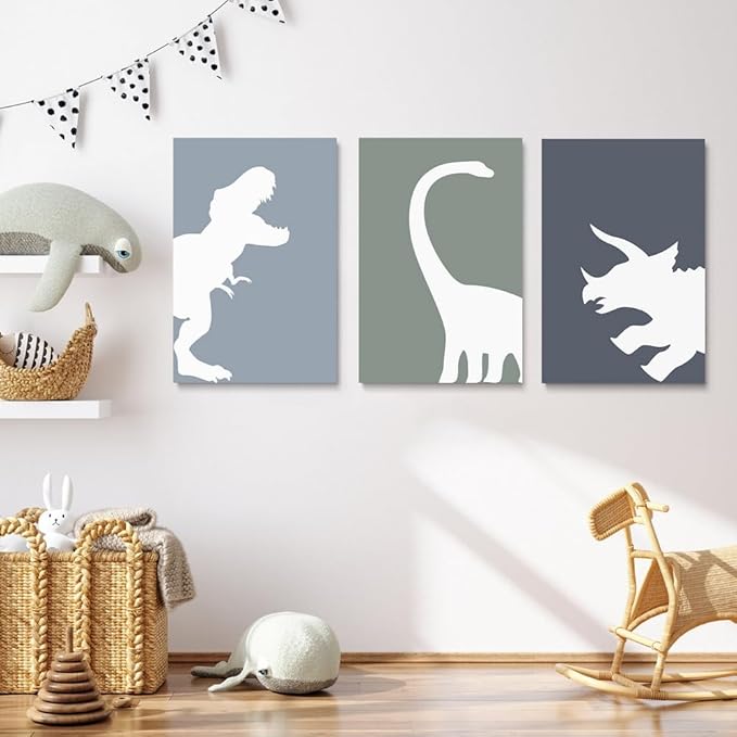 GUBIYU Dinosaur Wall Decor T-Rex Art - Framed Canvas Wall Art Set of 3, Boys Room Aesthetic Posters, Animal Nursery Print for Kids Toddler Decor 16"x24"
