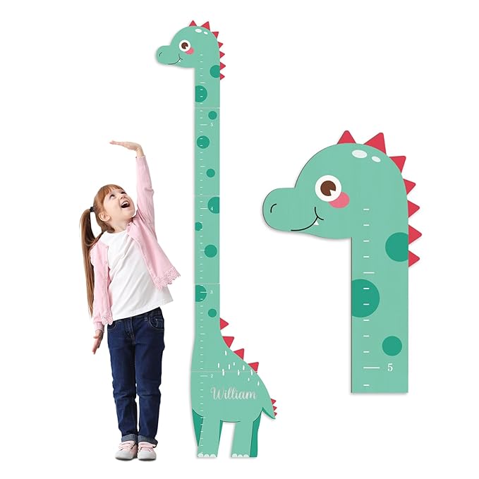 Woodemon Wooden Dinosaur Height Chart – Personalized Name Growth Chart for Kids, Wall Decor 63" x 17.4"