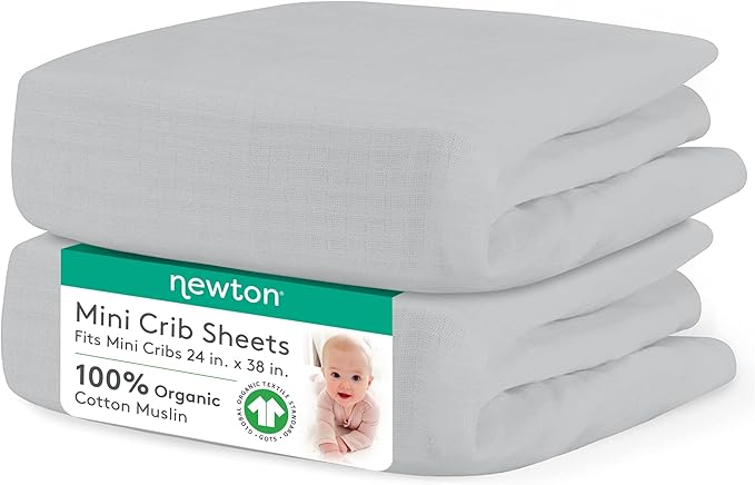 Newton Baby Fitted Mini Crib Sheets (2-Pack) | Organic Muslin Cotton, Breathable & Soft Baby Sheets, Washable Baby Mattress Sheets, Fits Mini Crib Mattresses 24" x 38", Twilight Grey