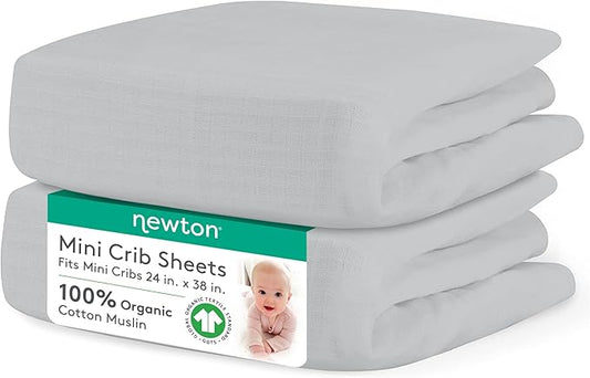 Newton Baby Fitted Mini Crib Sheets (2-Pack) | Organic Muslin Cotton, Breathable & Soft Baby Sheets, Washable Baby Mattress Sheets, Fits Mini Crib Mattresses 24" x 38", Twilight Grey