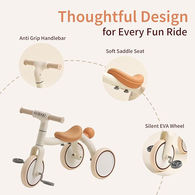 4-in-1 Toddler Tricycle with Adjustable Push Handle for 1-4 Year Old,Birthday Gift and Toy for Boys and Girls Removable Pedals Balance Bike&Scooter (White)