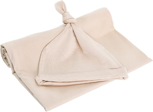 iEvolve Cotton Knitted Baby Swaddle Blanket with Hat Headband Set Newborn Swaddle Wrap Receiving Blankets for Baby Girl Boy 35" x 35"(Beige)