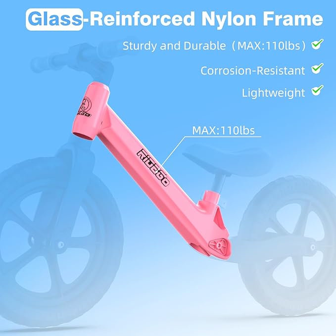 Ridego 12 Inch Balance Bike for Kids 2-4 Year Old,Lightweight Kids Bike with Adjustable Seat, Push Bicycle with Air Rubber Tires，Ride-on Toys Birthday Gift