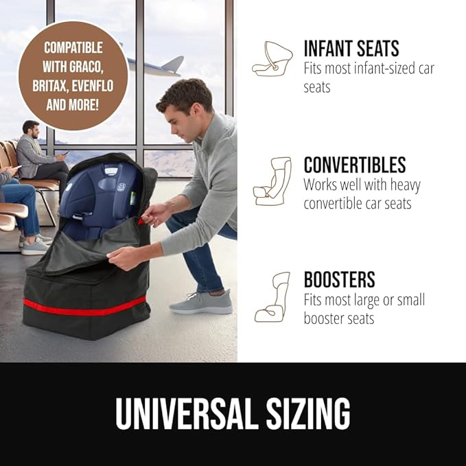 GORILLA GRIP Tear and Water Resistant Padded Car Seat Travel Bag for Airplane and Airport, Universal Fit Baby Carseat Bags, Handle & Shoulder Straps, Air Gate Check Toddler Stroller Carrier, Red