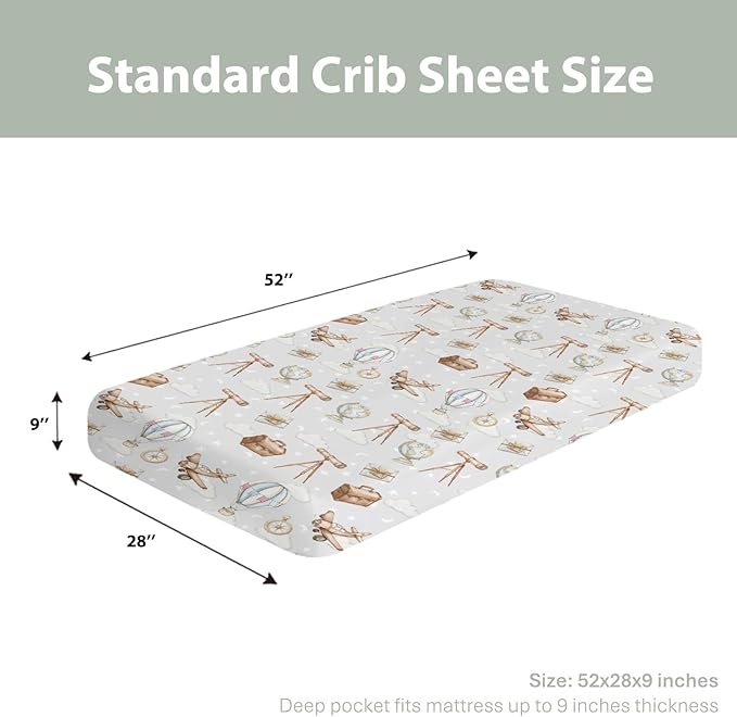 Adventure Baby Crib Sheets for Boy Girl 28"x52" Travel Planes Compass Luggage Globe Explore Soft Snug Fitted Crib Mattress Covers Holiday Vacation Baby Sheet for Standard Crib & Toddler Bed Mattress