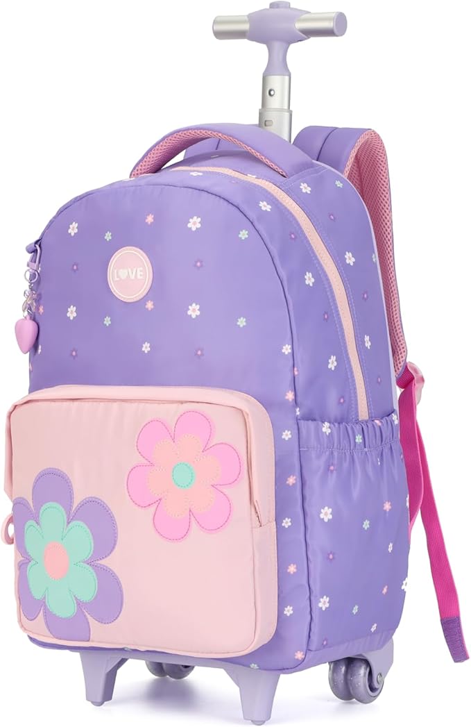 kingdisen Rolling Backpack for Girls Backpack with Wheels Kids Cute Carry on Backpack with Lunch Box Pencil Case for Elementary Student Teen Girls Luggage (TWO FLOWERS PURPLE)